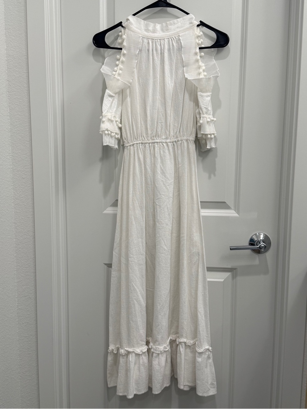 White Cold-Shoulder Maxi Dress for Girls with Ruffle & Pom Trim